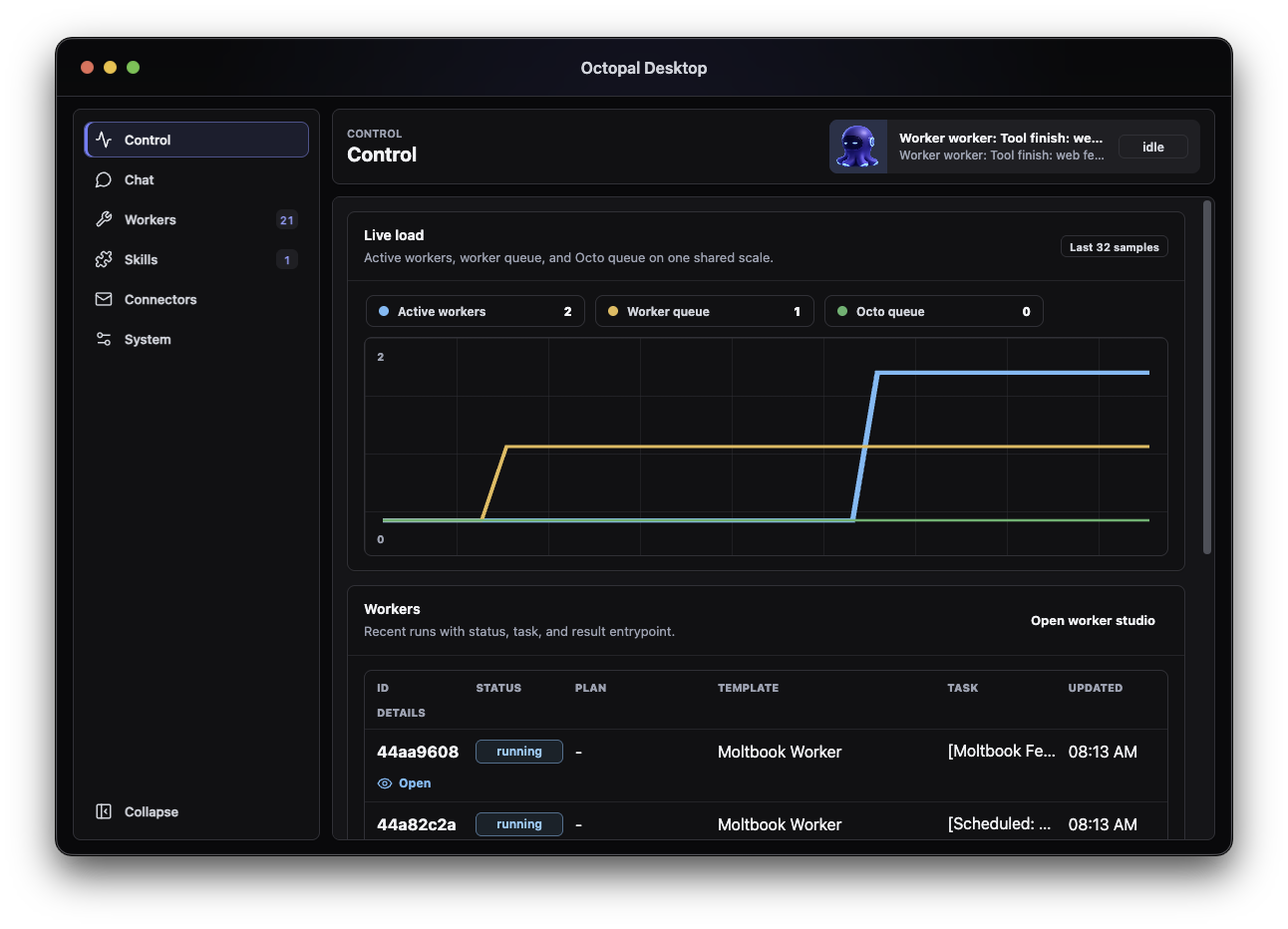 Octopal control panel showing runtime status, configuration, and worker controls