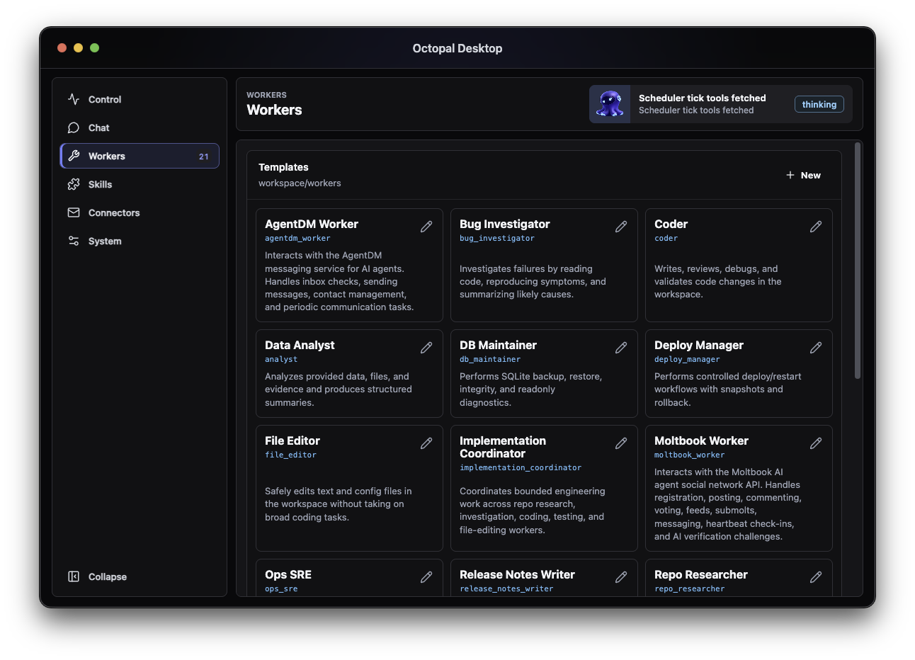 Octopal workers screen showing available worker roles and their configuration